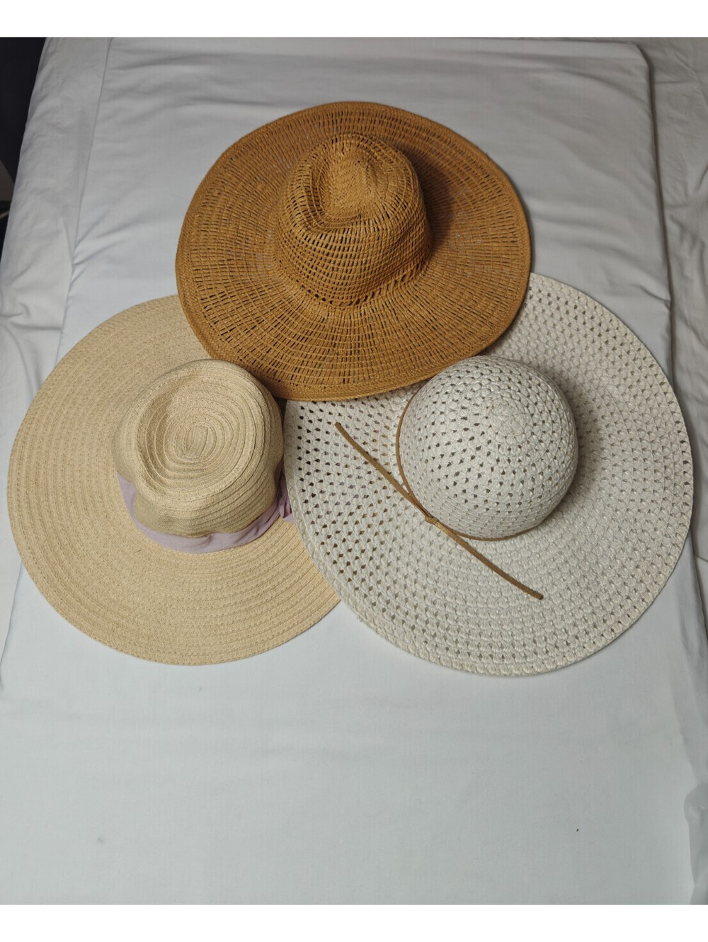 Lot Of 3 Womens Wide Brim Sun Hat White Raffia Raffia Fabric Beige Summer - Picture 8 of 8